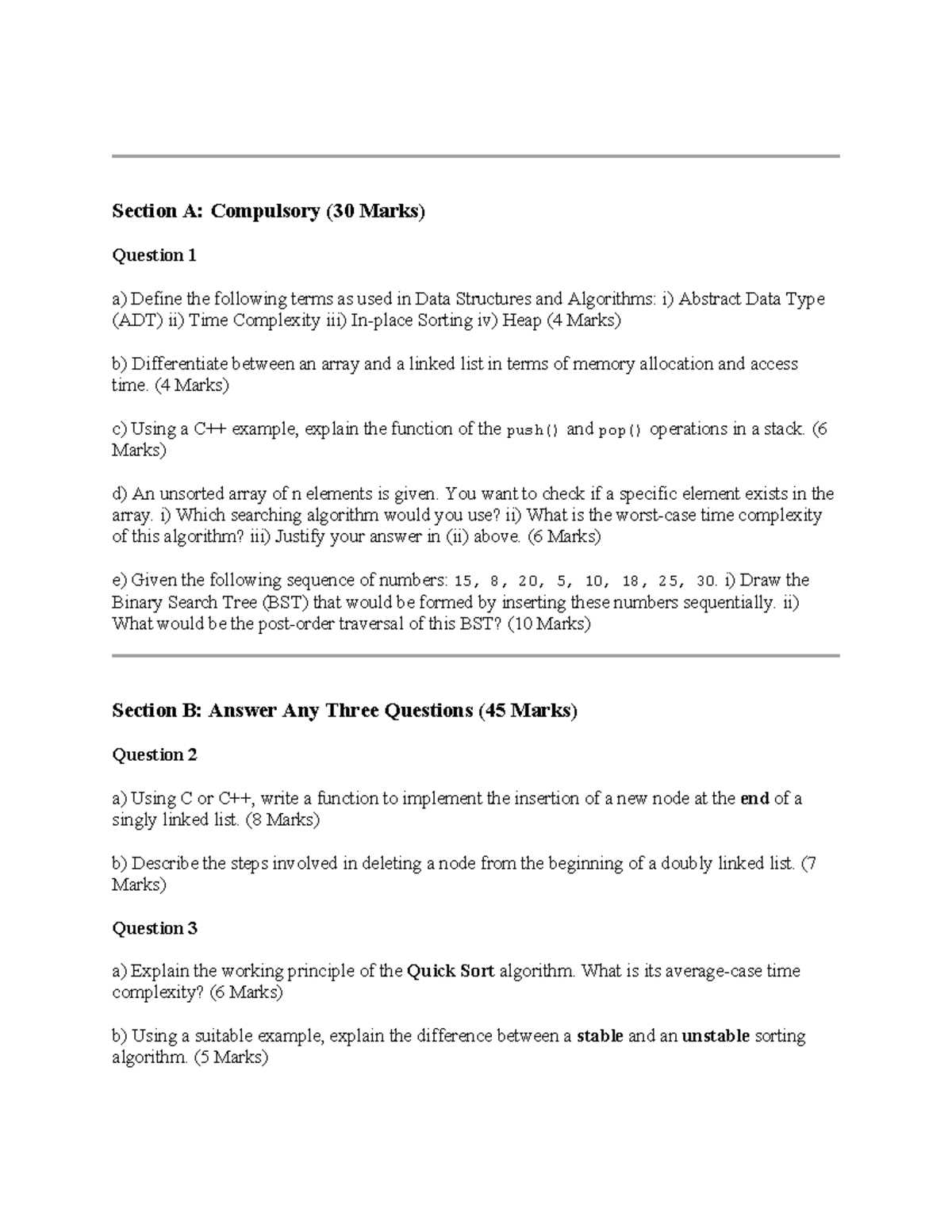 DSA 101: Sample Paper on Data Structures & Algorithms (30 + 45 Marks ...