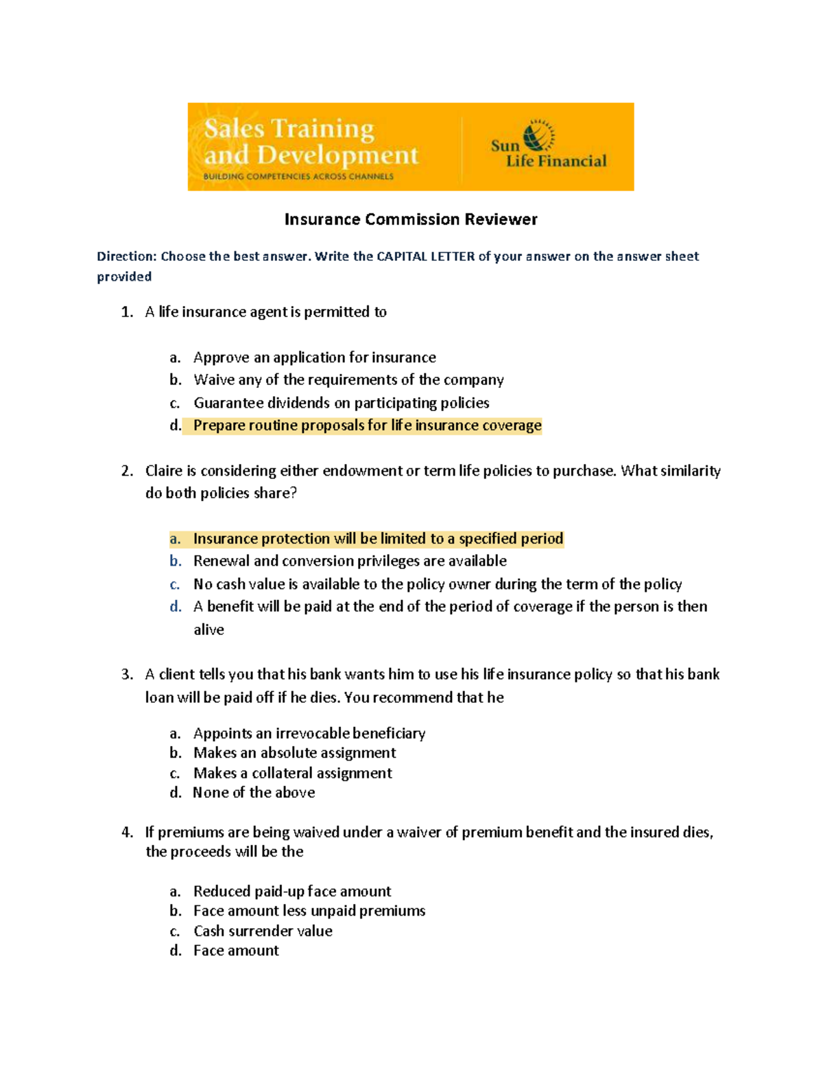 STD-IC TRAD LIFE Reviewer: Comprehensive Questionnaire for Life ...
