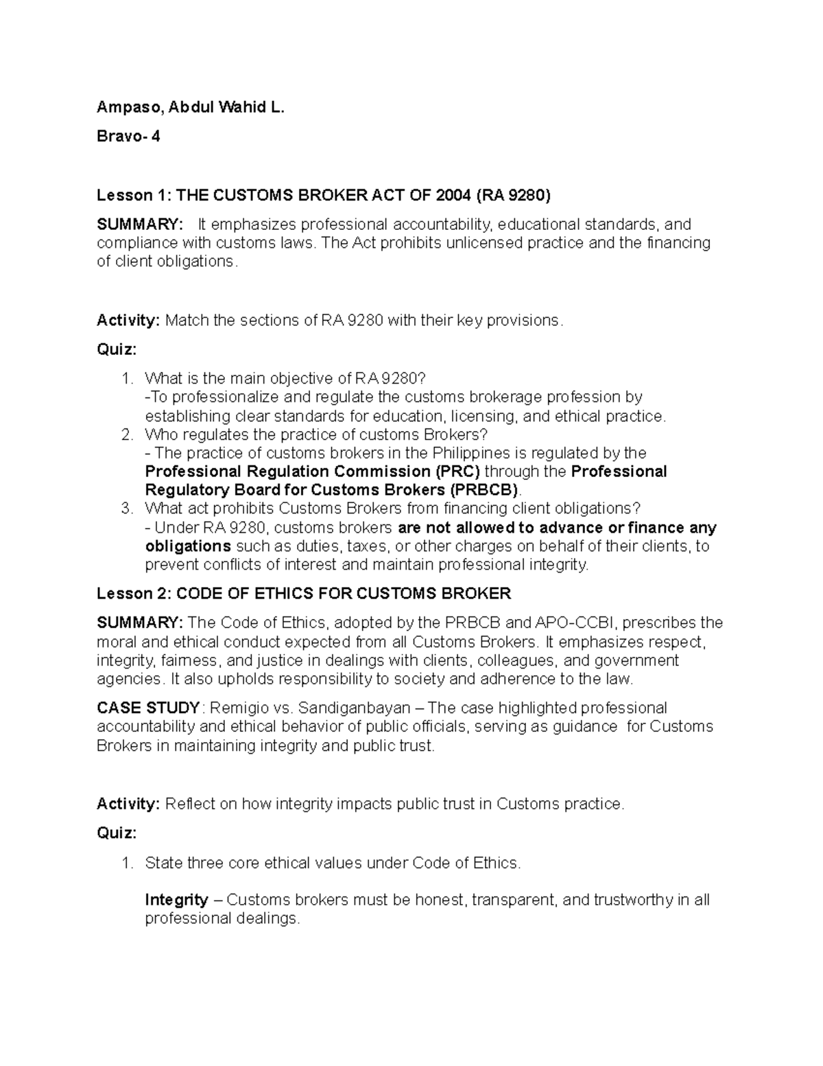 RA 9280: Customs Broker Act & Ethics - Lecture Notes Summary - Studocu