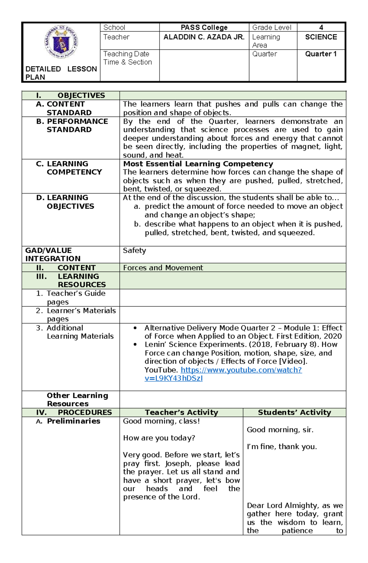 Science DLP: Detailed Lesson Plan on Forces and Movement - Studocu