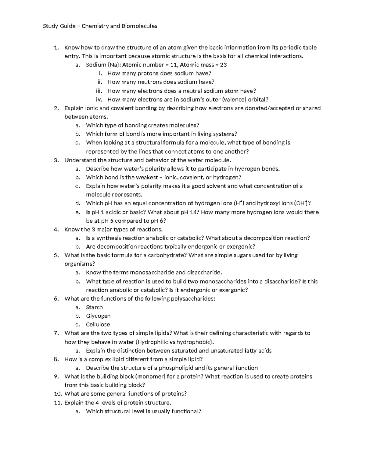 Chemistry and Biomolecules Study Guide (CHEM 101) - Studocu