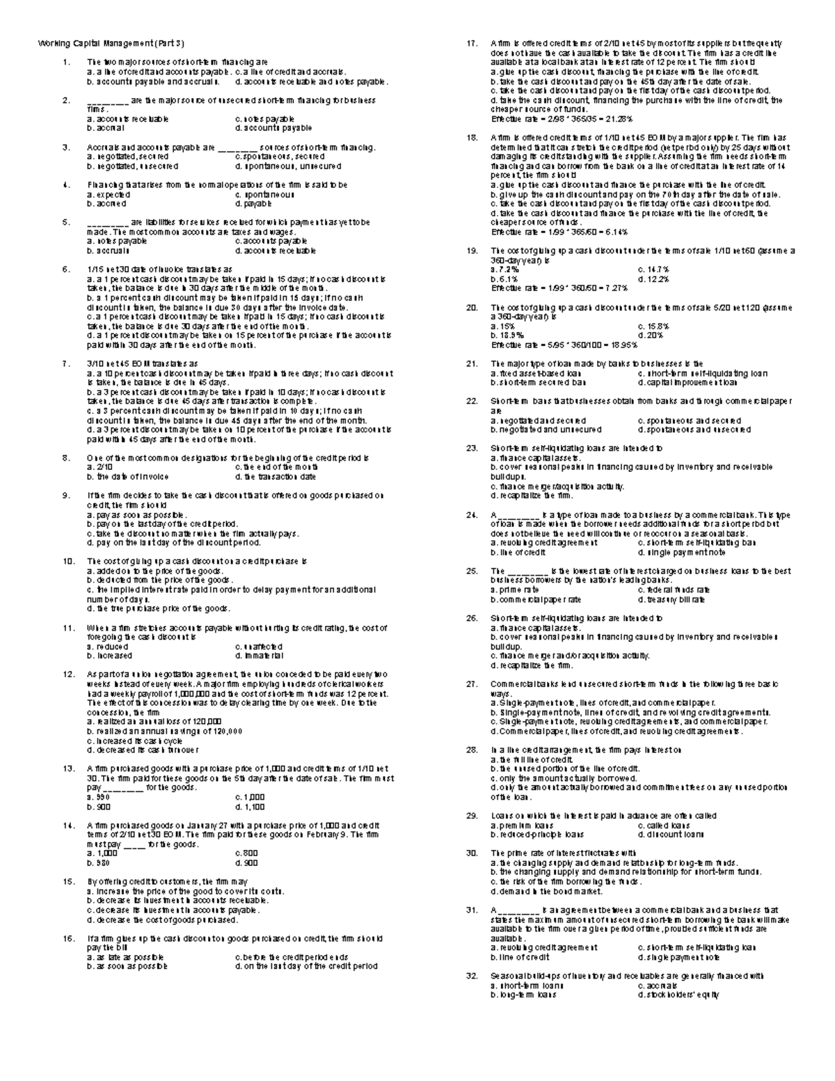 Working Capital Management (Part 3) - Exercises and Solutions - Studocu