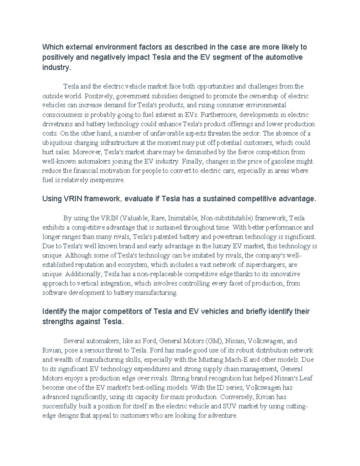 Tesla Case Discussion - its a hw - Which external environment factors ...
