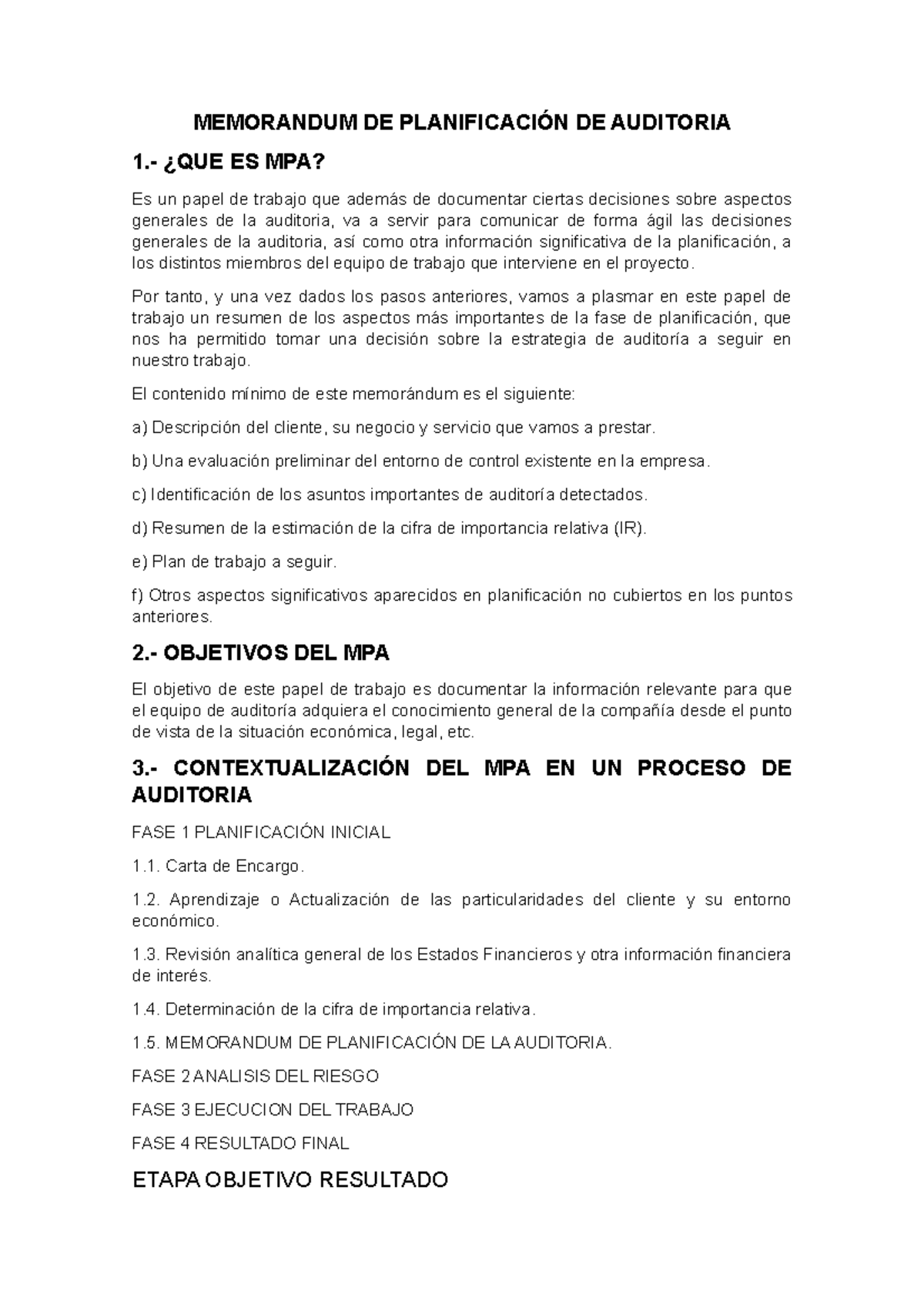 Memorando de Planificación de Auditoría (MPA) - Análisis y Procedimientos - Document Preview