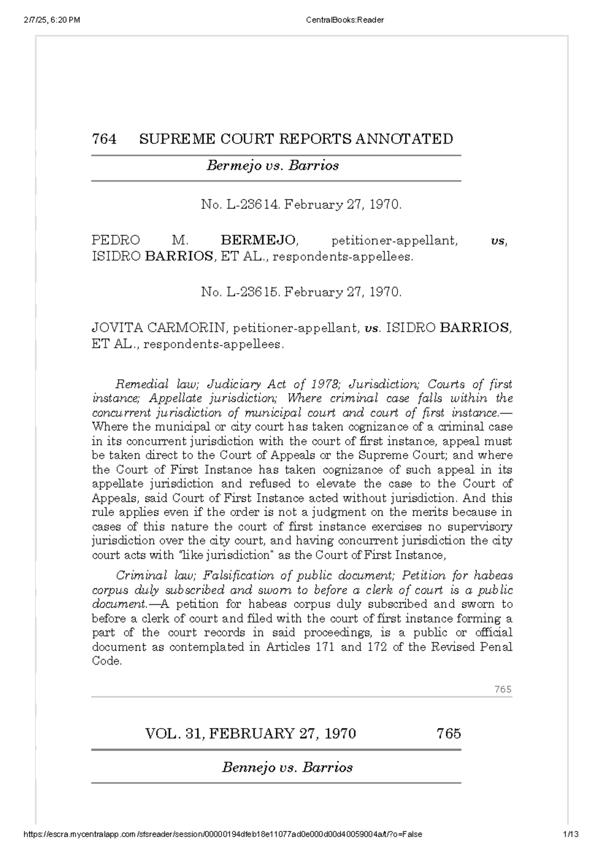 CASES FOR READING IN CIVIL PROCEDURE CLASS - 764 SUPREME COURT REPORTS ...