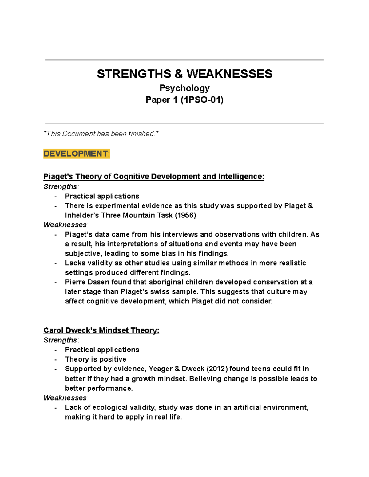 Psychology Paper 1: Strengths and Weaknesses Analysis - Studocu