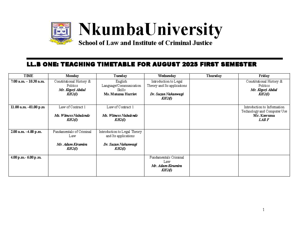 AUG 2025 - LL.B Teaching Timetable for First & Second Semesters - Studocu