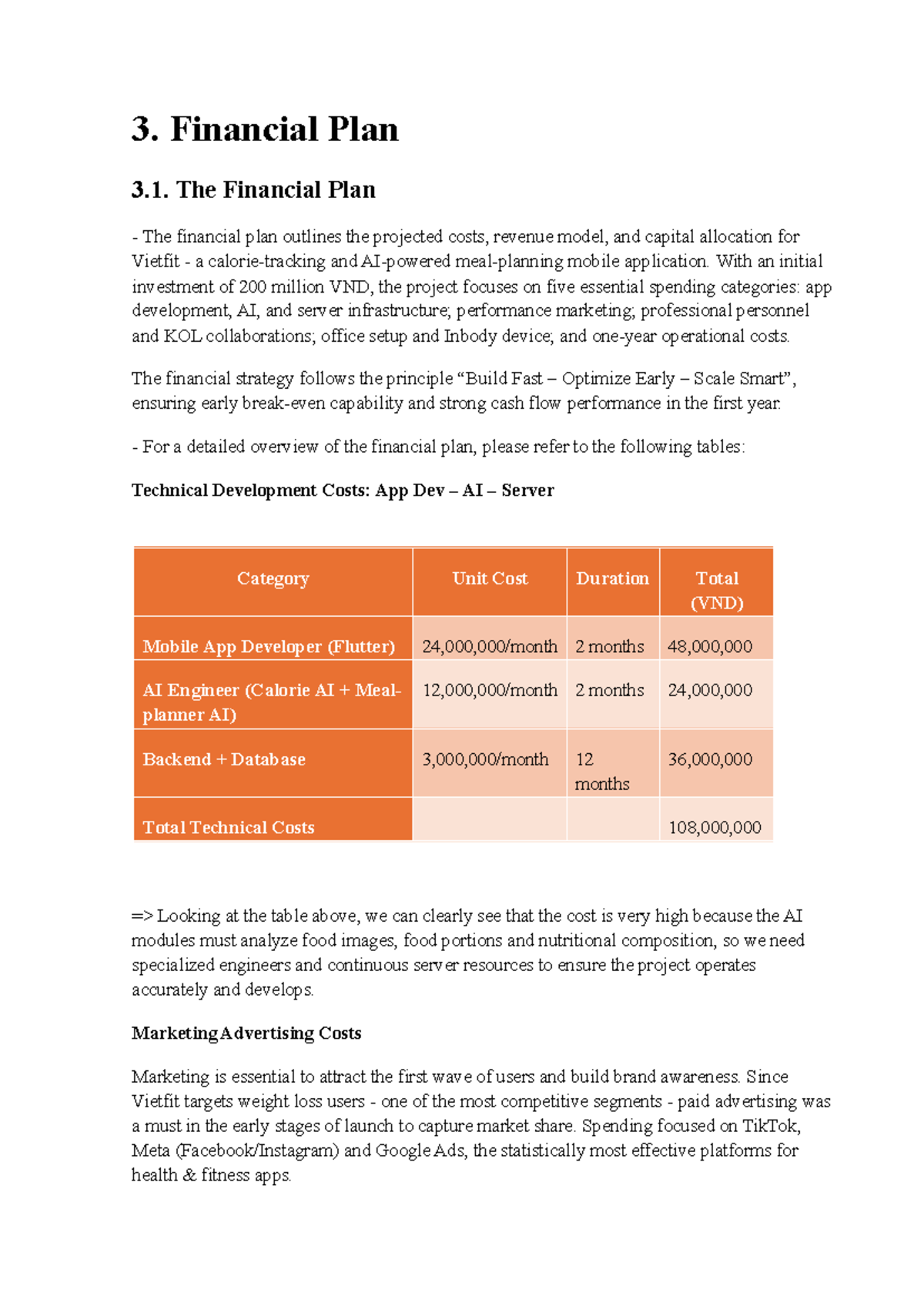 Financial Plan for Vietfit Mobile App - HCM - Studocu