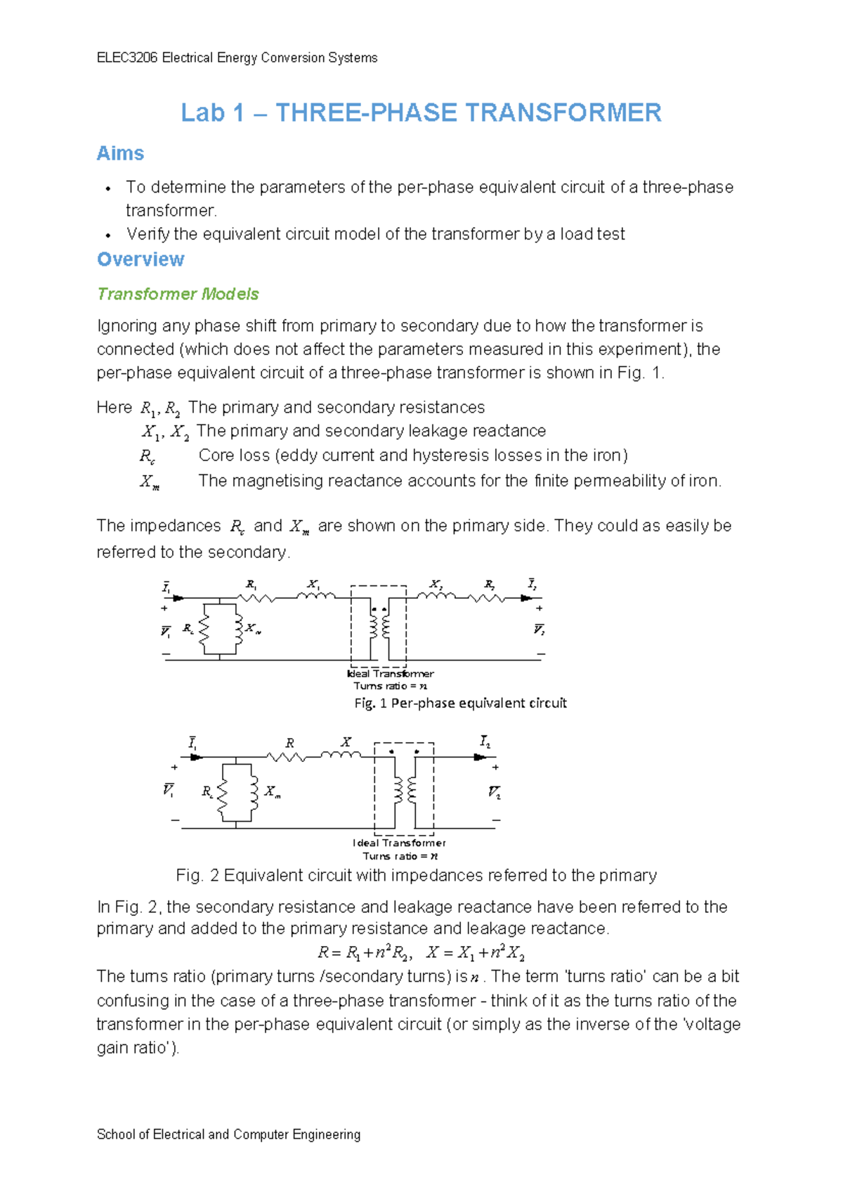 ELEC3206 Electrical Energy Conversion Systems Lab 1: Transformer ...