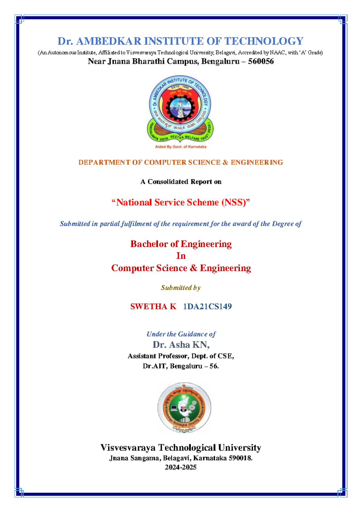 Consolidated report on NSS activities for BE in CSE (1DA21CS149) - Studocu