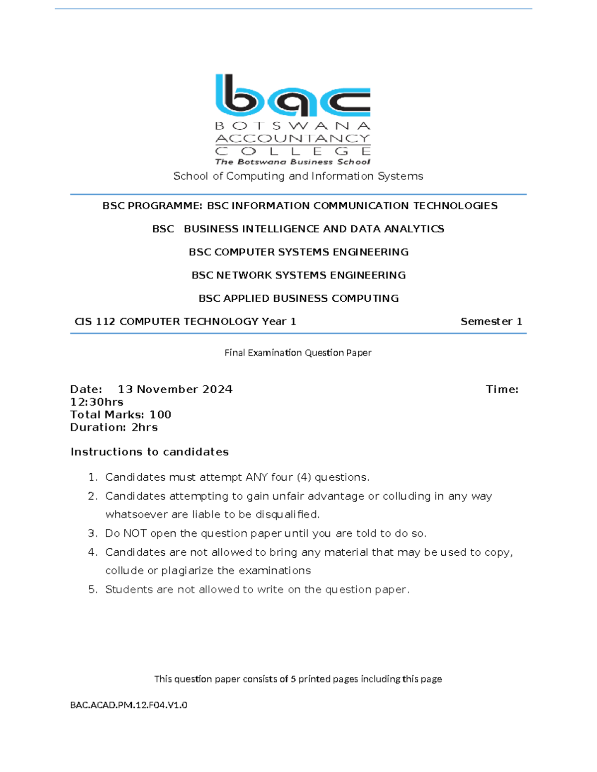 CT CIS 112 Final Exam 2024 Question Paper - Studocu