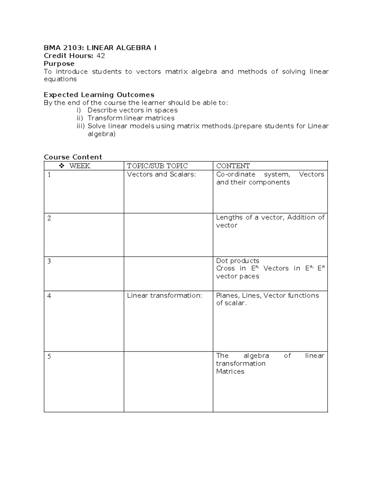 BMA 2103: Linear Algebra I Course Overview and Key Concepts - Studocu