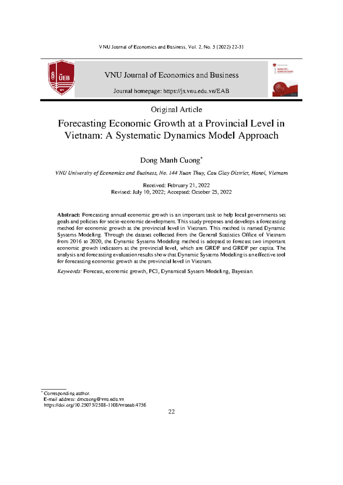 Economic Growth Forecasting in Vietnam: A Dynamic System Model Approach ...
