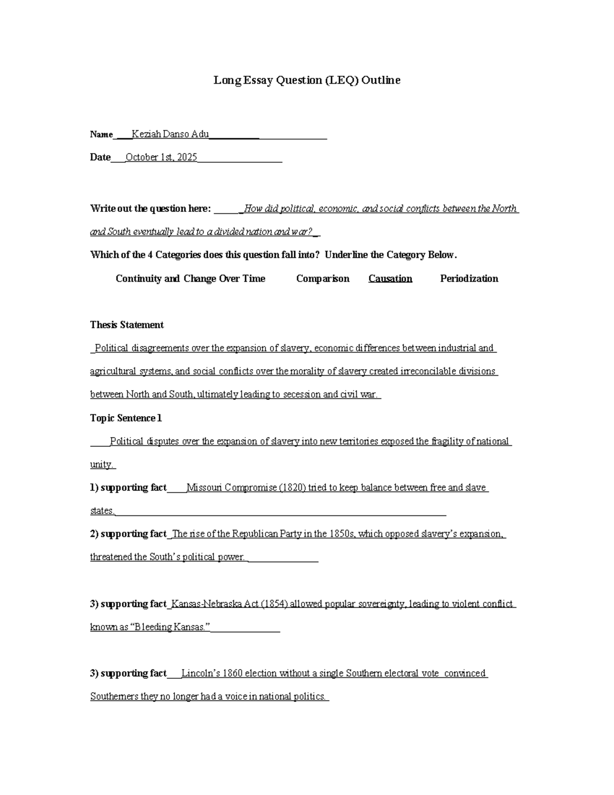 APUSH Long Essay Question (LEQ) Outline: North vs. South Conflicts ...
