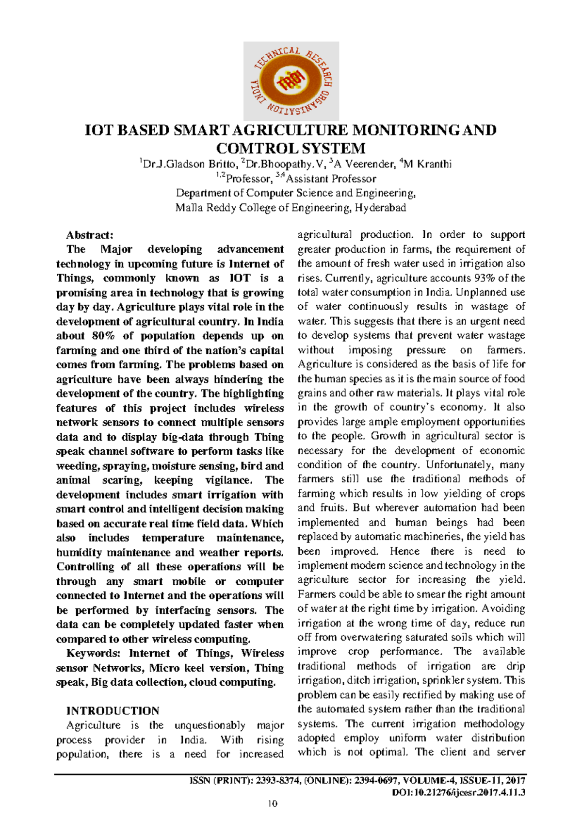 2017 IOT Based Smart Agriculture Monitoring AND - ISSN (PRINT): 2393 ...