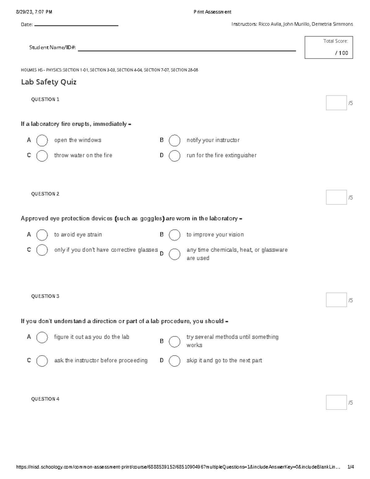 HOLMES HS PHYSICS: Lab Safety Quiz Assessment - Studocu