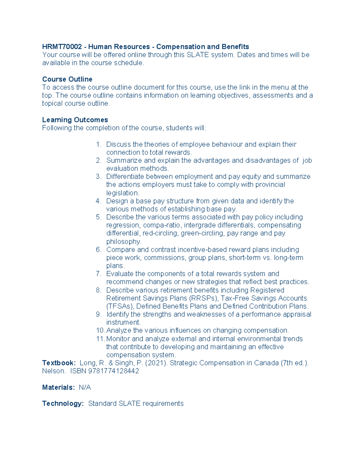 HR Compensation & Benefits Course Outline (HRM 101) - Studocu