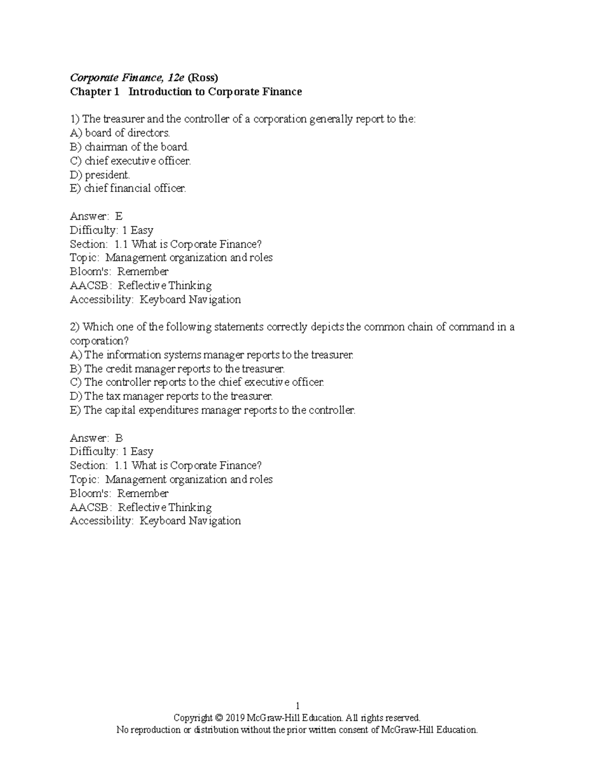 Ross12e Chapter 01 Answer Key for Corporate Finance Concepts - Studocu