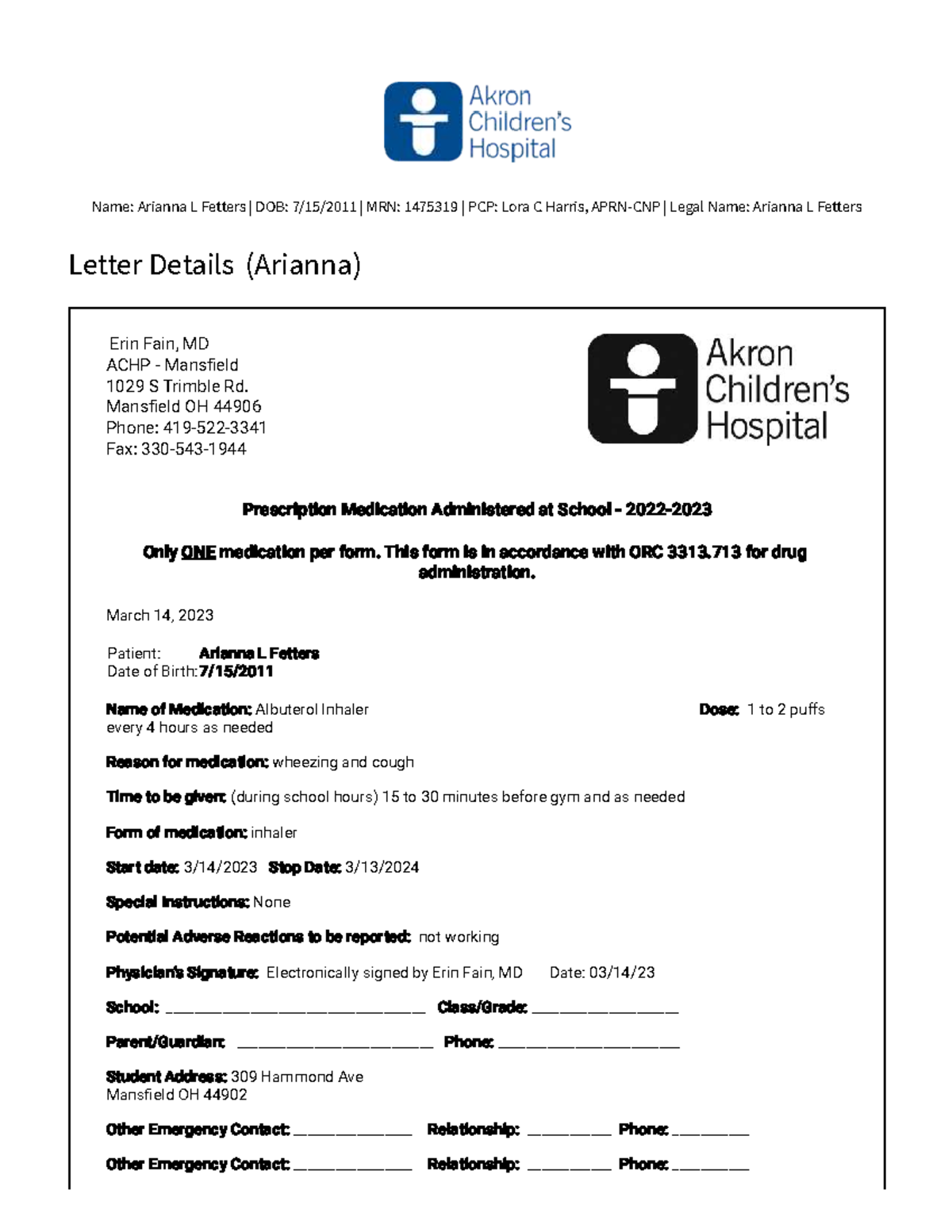 Medication Administration Form for Arianna L Fetters (MRN: 1475319 ...