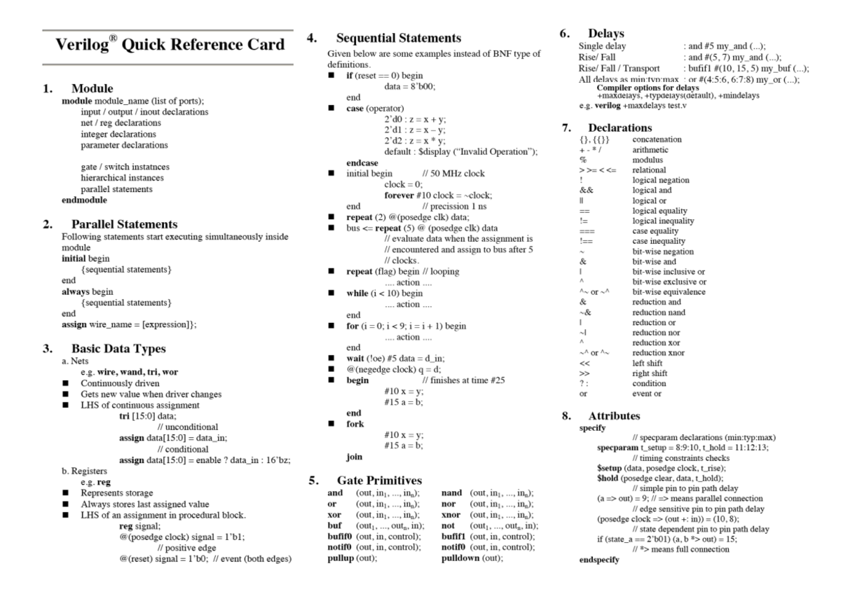Verilog Quick Reference Card v2.0: Sequential Statements & Delays ...