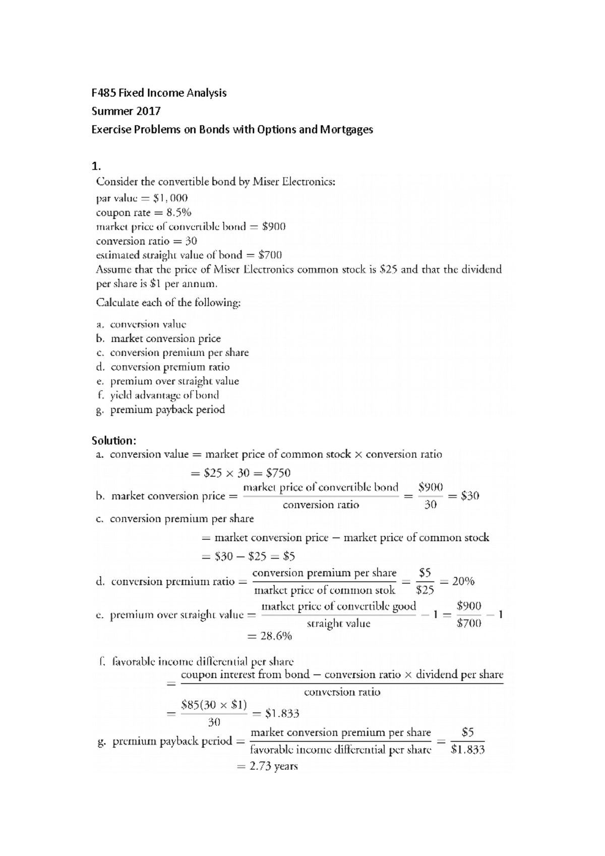 Exercise Problems on Bonds with Options and Mortages with Solutions ...