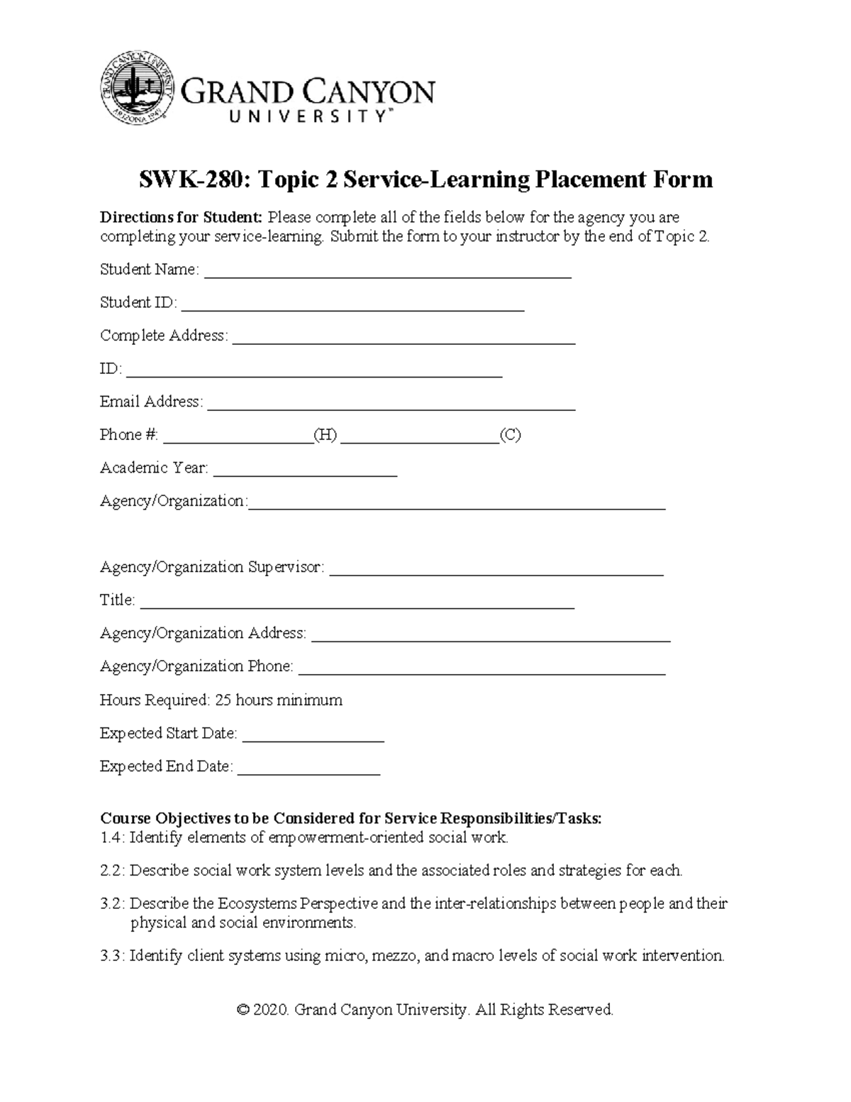 SWK 280 - Topic 2 Service Learning Placement Form Instructions - Studocu