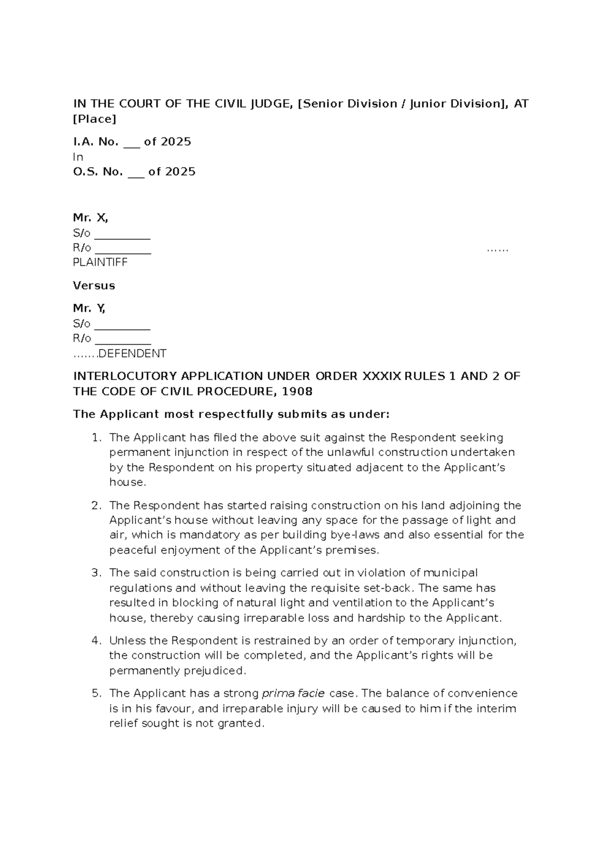 Interlocutory Application & Affidavit in O.S. No. of 2025 - Studocu