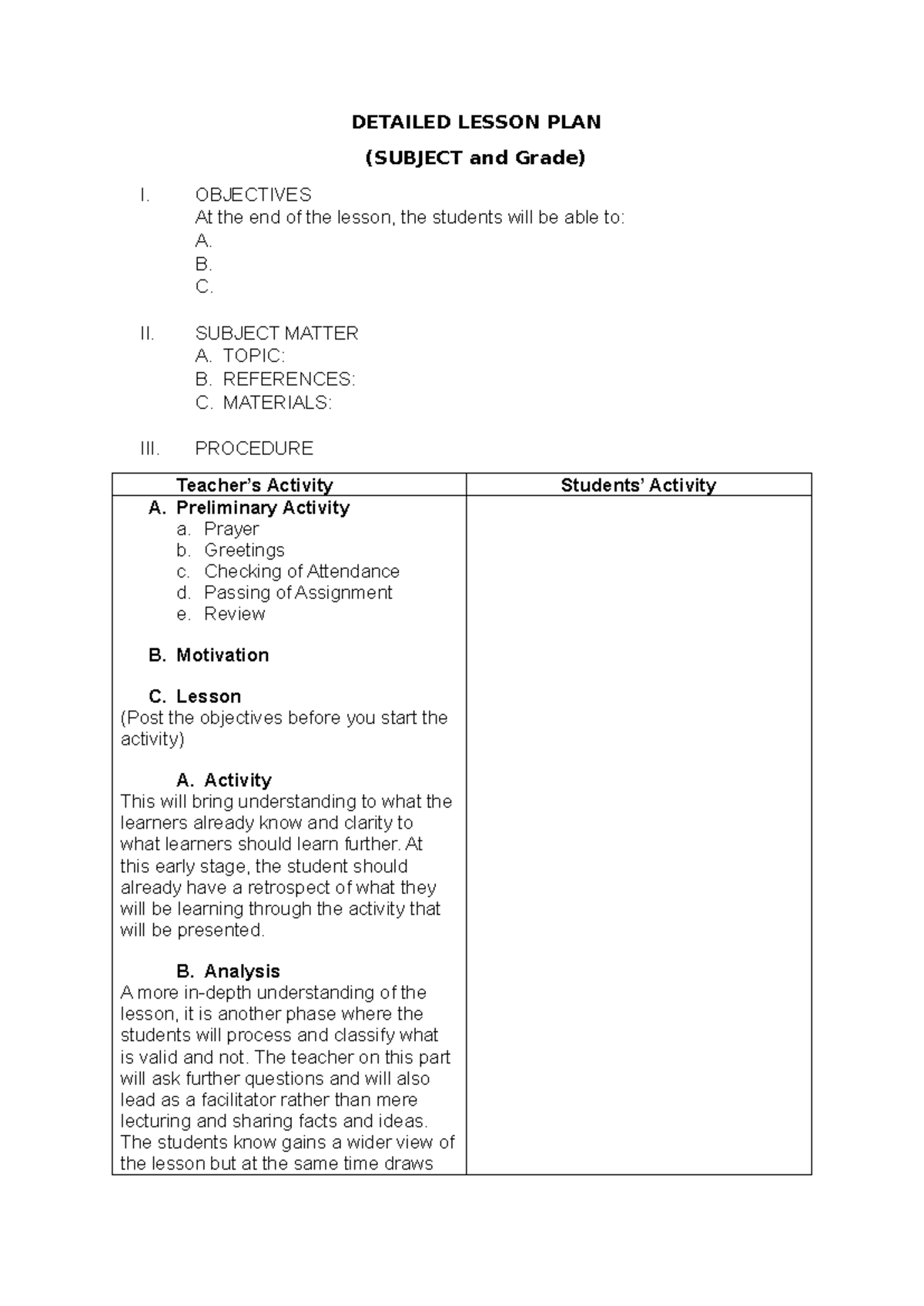 DETAILED LESSON PLAN (SUBJECT & GRADE) - OBJECTIVES & PROCEDURES - Studocu