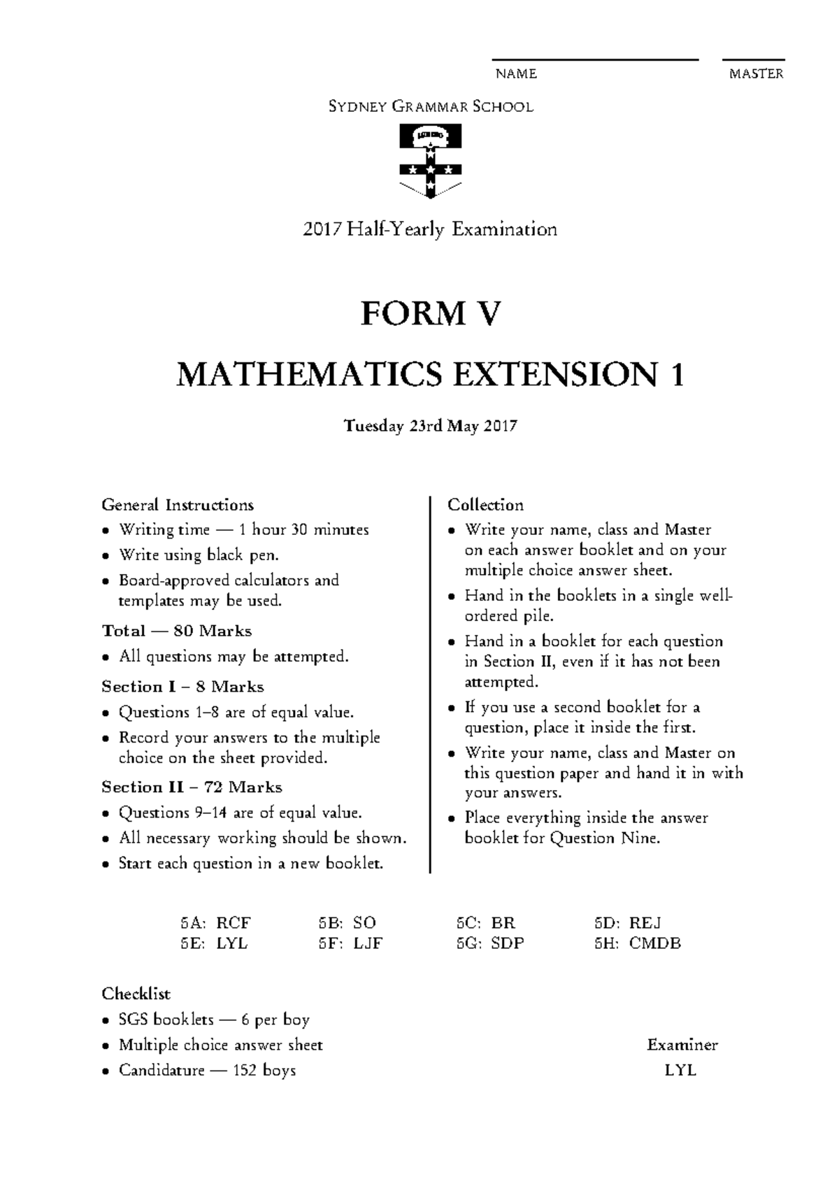 Sydney Grammar 2017 Form V Mathematics Extension 1 Exam Solutions - Studocu