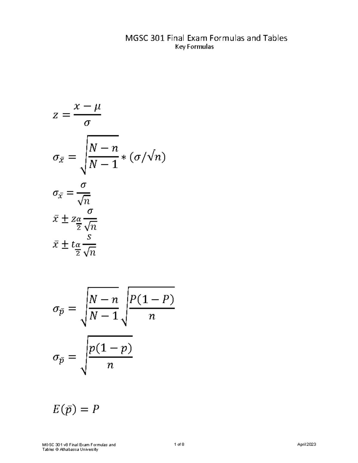 MGSC 301 Final Exam Key Formulas and Tables Version 8 - Studocu