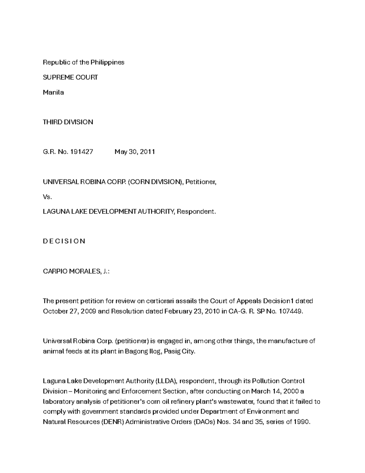 Case Digest: Universal Robina Corp. vs. Laguna Lake Dev. Auth. (G.R ...