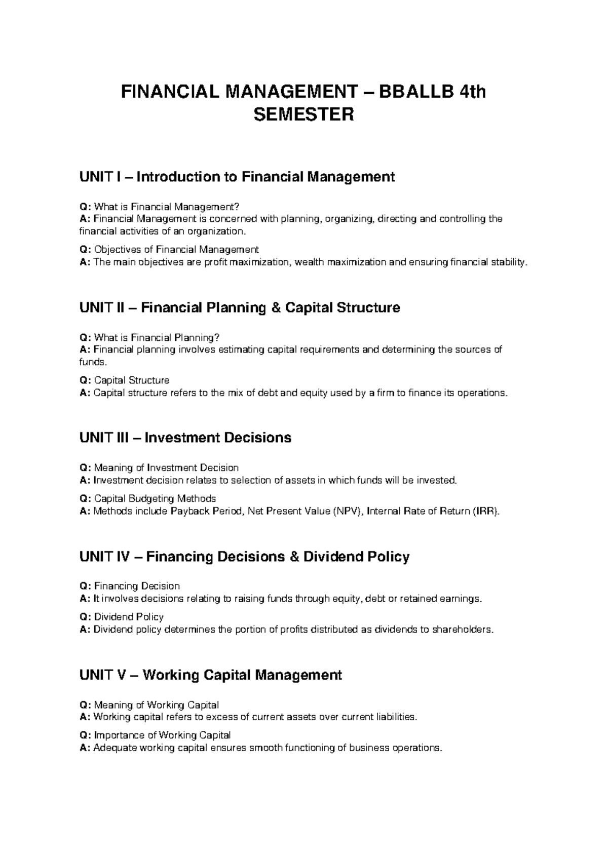 Financial Management BBALLB 4th Sem: Key Concepts & Principles - Studocu