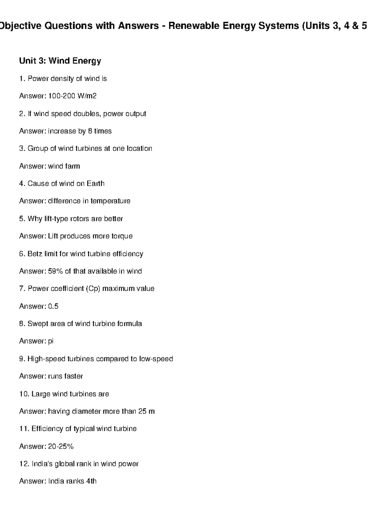 Renewable Energy Systems (Units 3, 4, 5) Objective Q&A Guide - Studocu