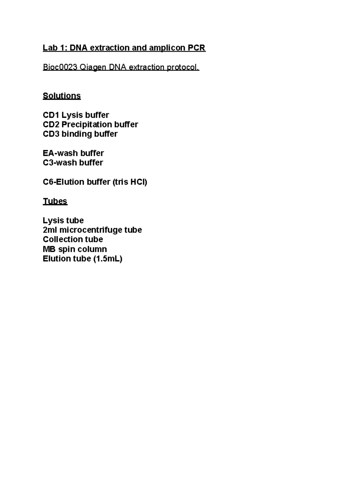 Lab 1: DNA Extraction & Amplicon PCR Protocol (Bioc0023) - Studocu