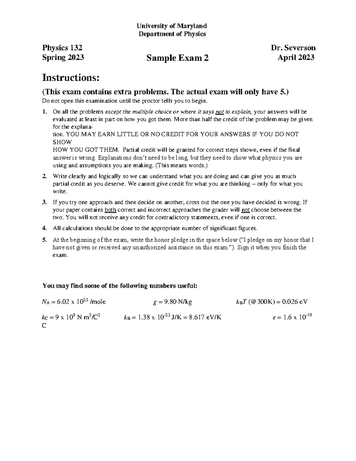 Physics 132 Spring 2023 Sample Exam 2 - Dr. Severson - Studocu