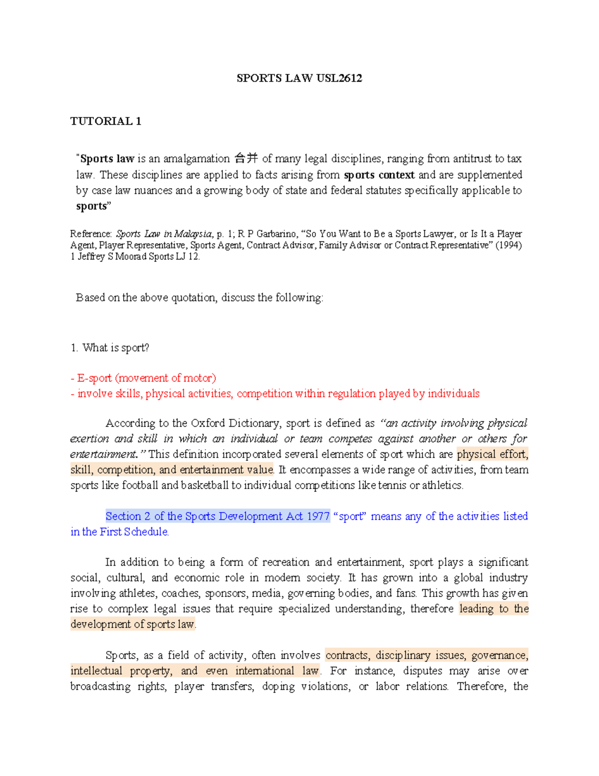 SPORTS LAW USL2612 TUTORIAL 1: Understanding Sports and Legal ...