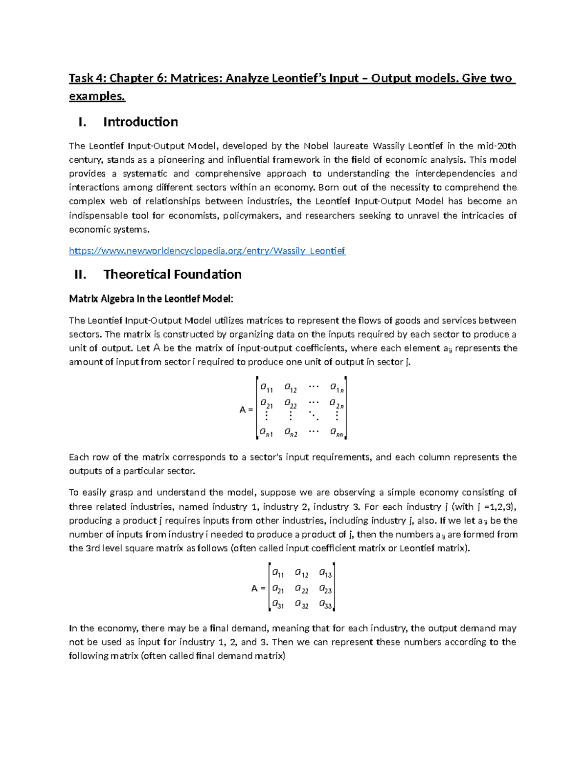 MB report - ####### Task 4: Chapter 6: Matrices: Analyze Leontief’s ...
