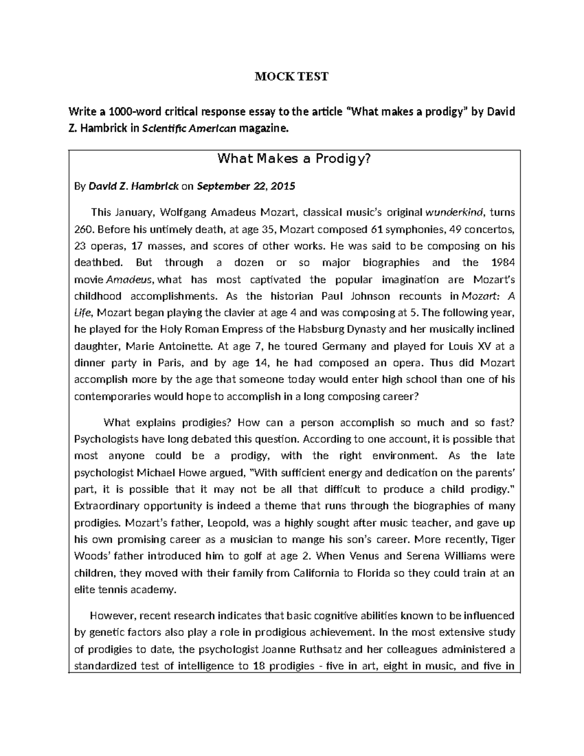 Critical Response Essay to Hambrick's Article on Prodigies (ENG 101 ...