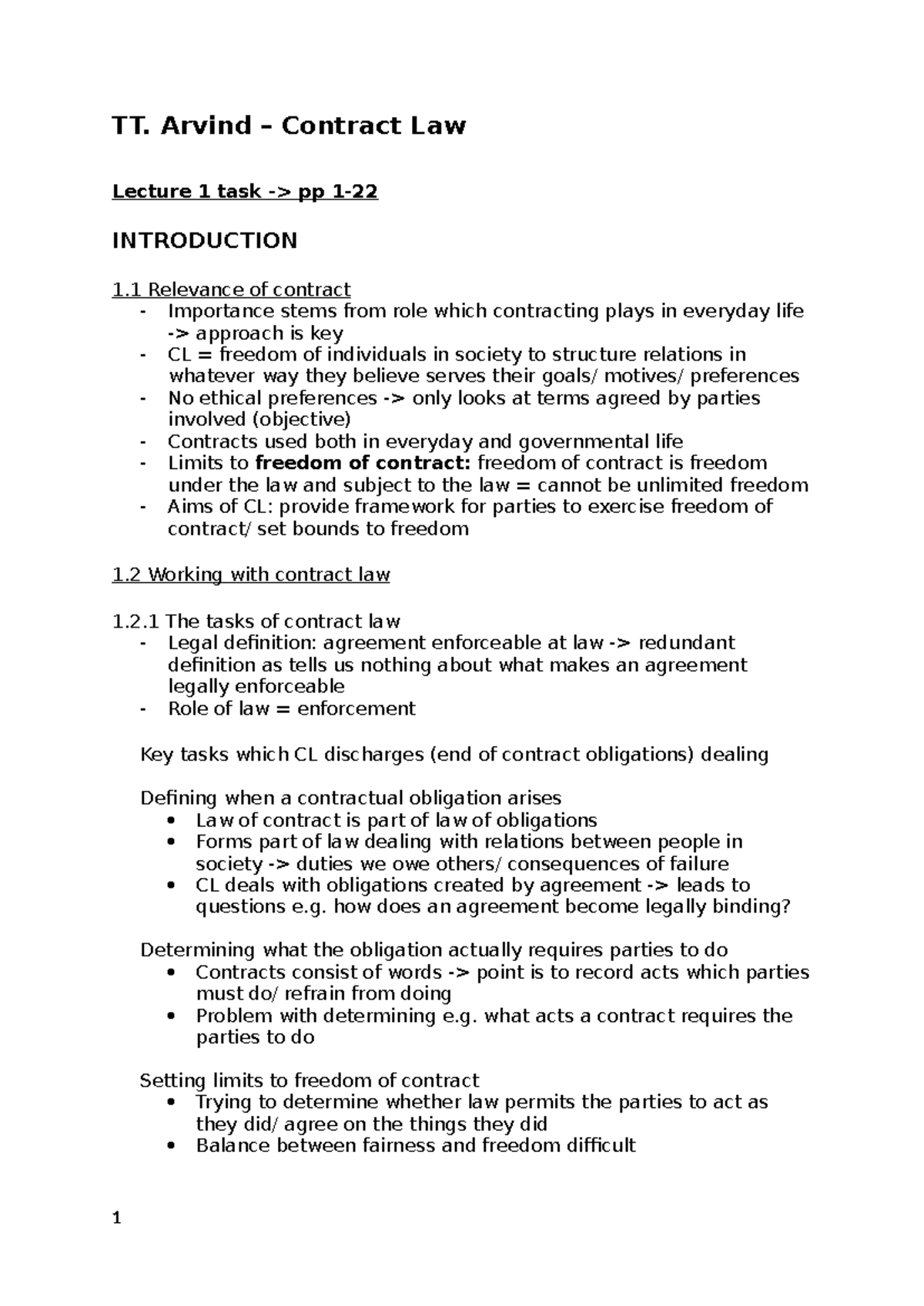 TT. Arvind Contract Law Lecture Notes: Key Concepts and Principles ...