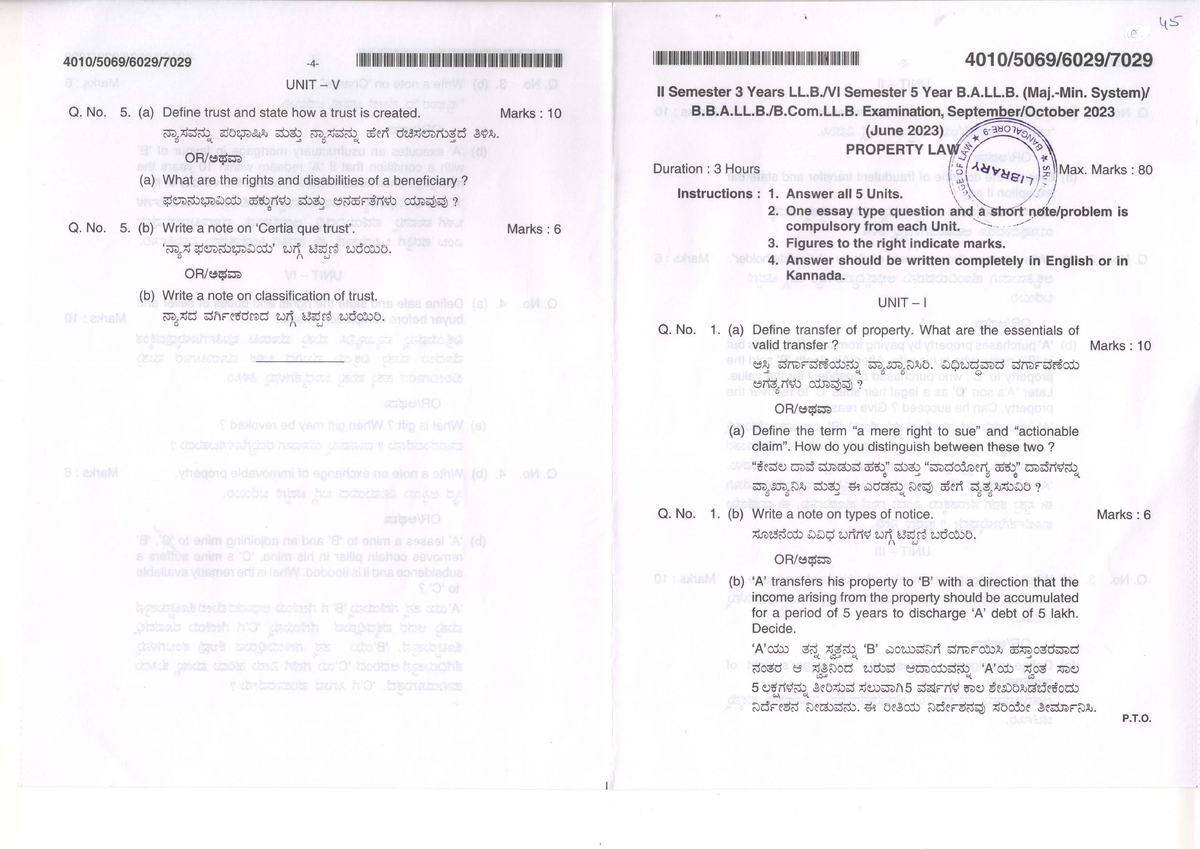 TP Oct2023 80 Marks - Property Law Unit V Exam Questions and Notes ...