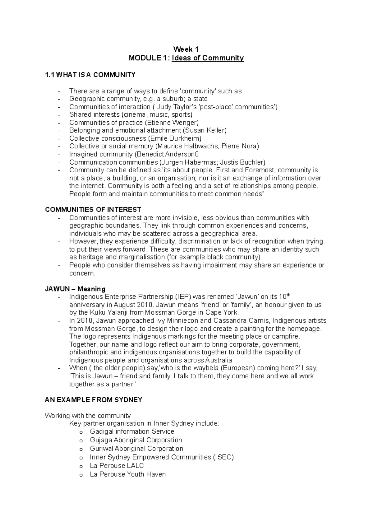 Working WITH Communities Notes - Week 1 MODULE 1: Ideas of Community 1 ...