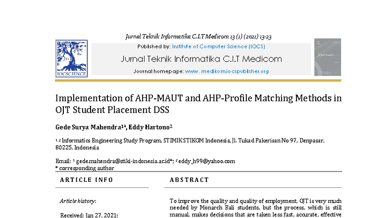 Implementation of AHP and PM Methods in OJT Student Placement DSS (JTI ...