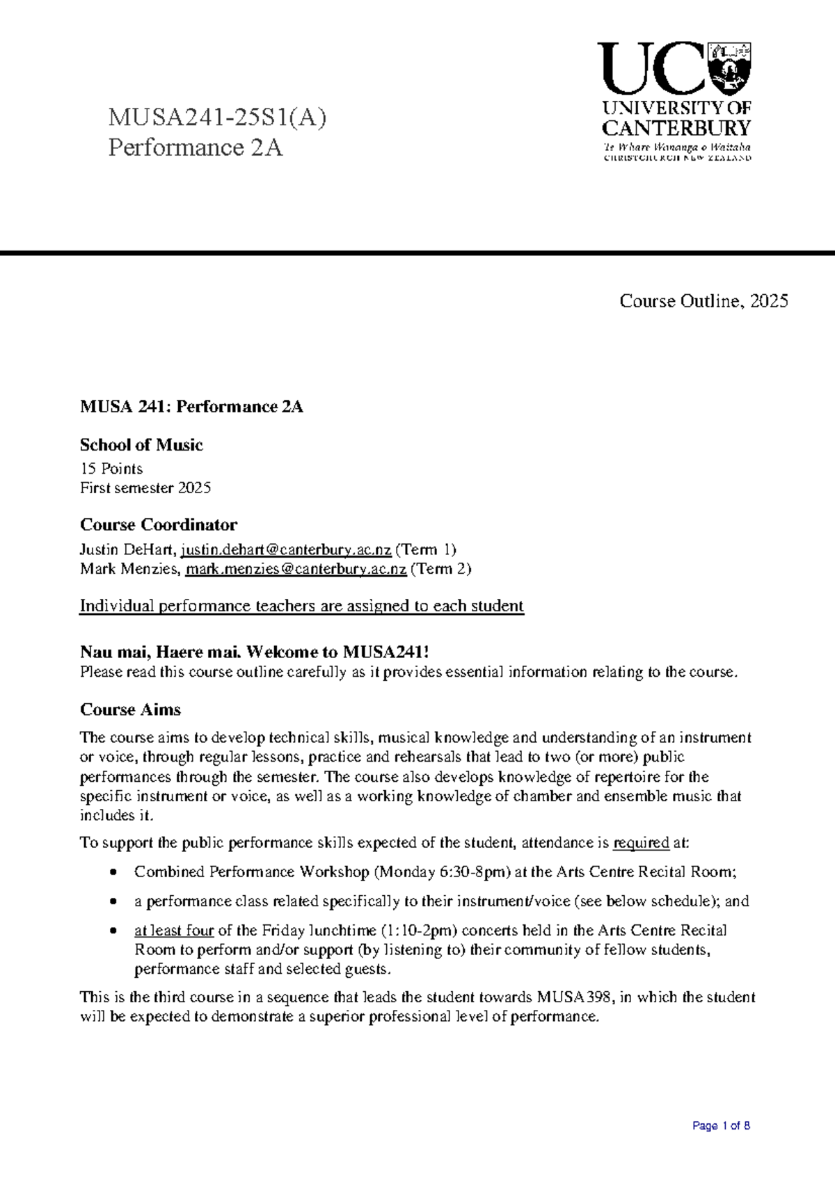 MUSA241: Performance 2A Course Outline for 2025 - Studocu