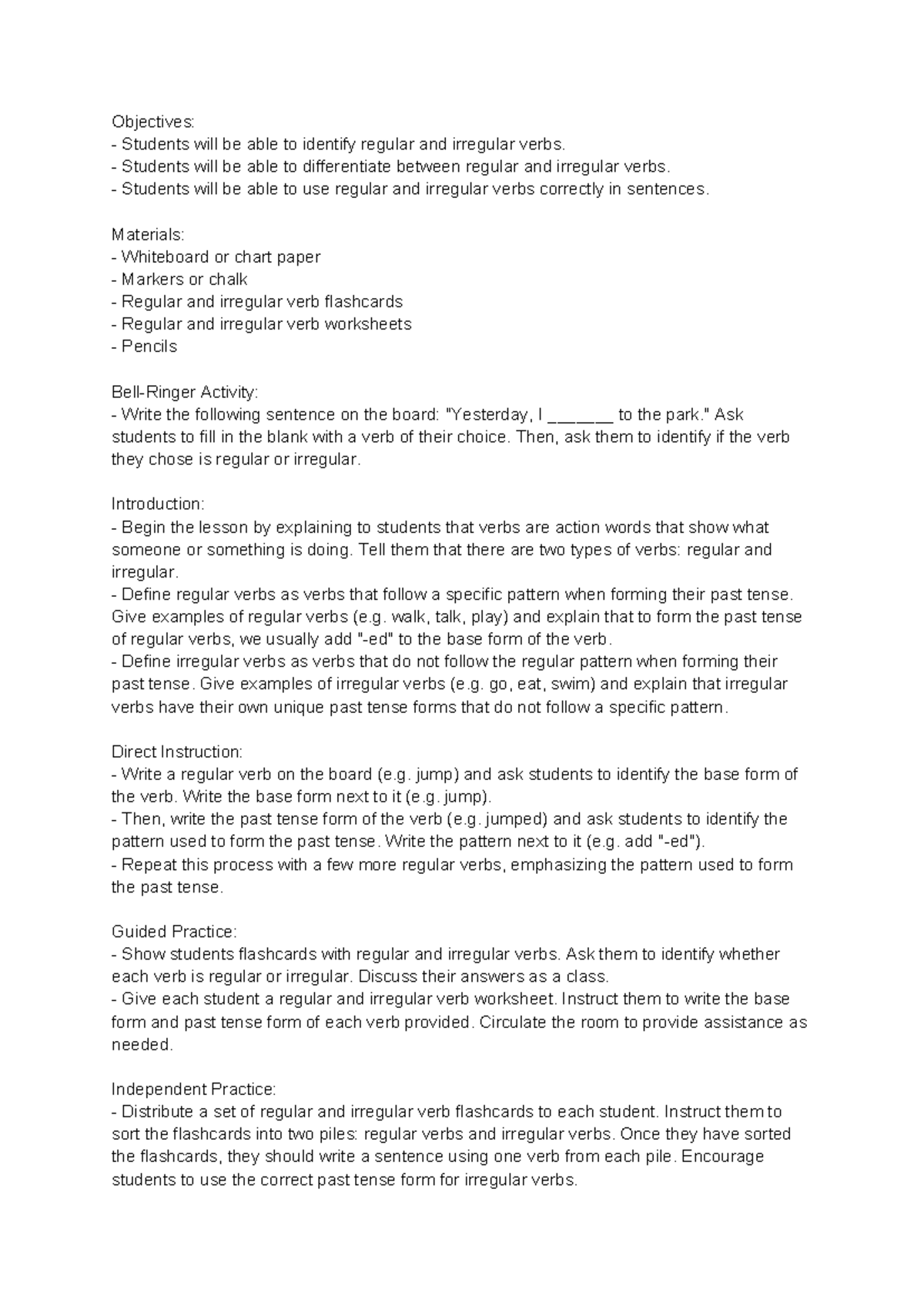Lesson Plan: Regular and Irregular Verbs (ENG 101) - Studocu