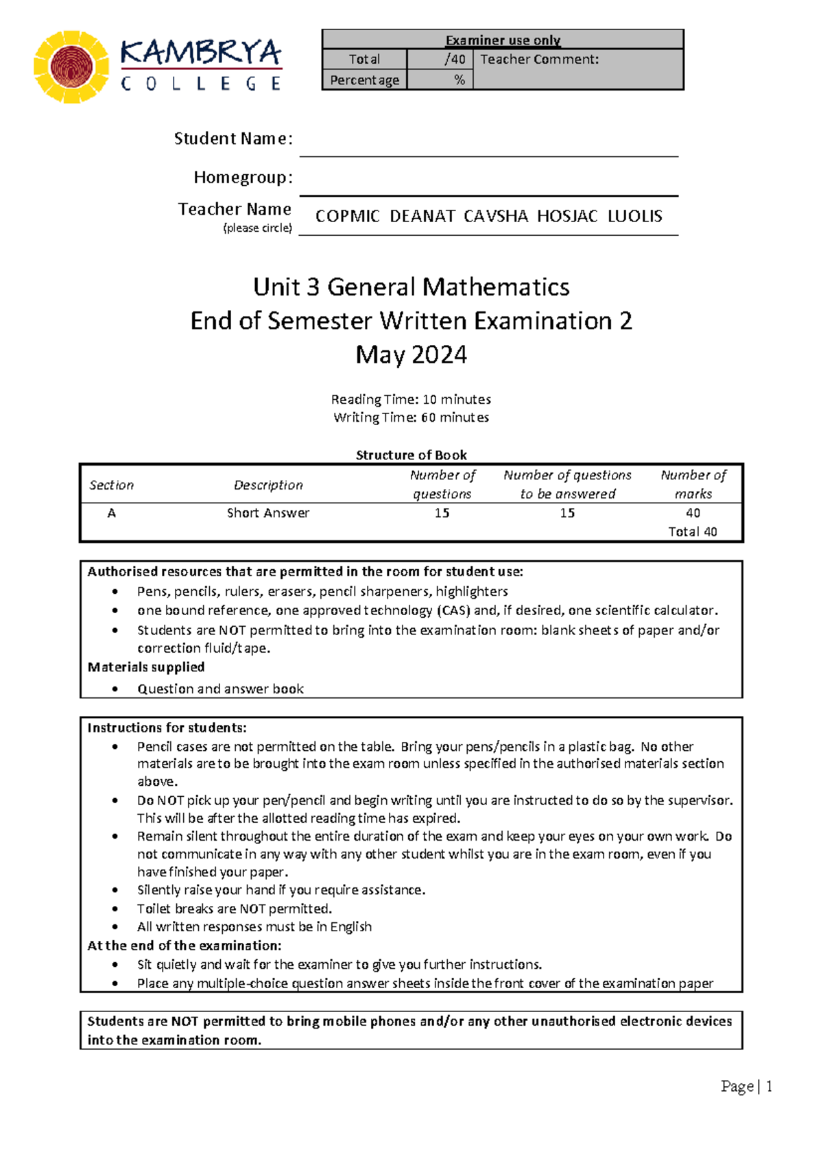 2024 Unit 3 General Mathematics End of Semester Exam 2 - Studocu