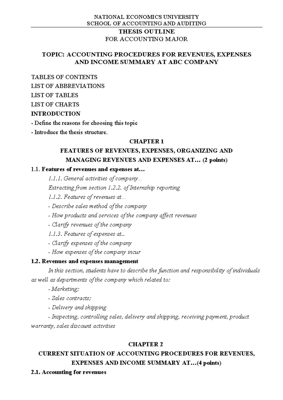 Thesis Outline for Accounting Major: Revenues, Expenses & Income ...