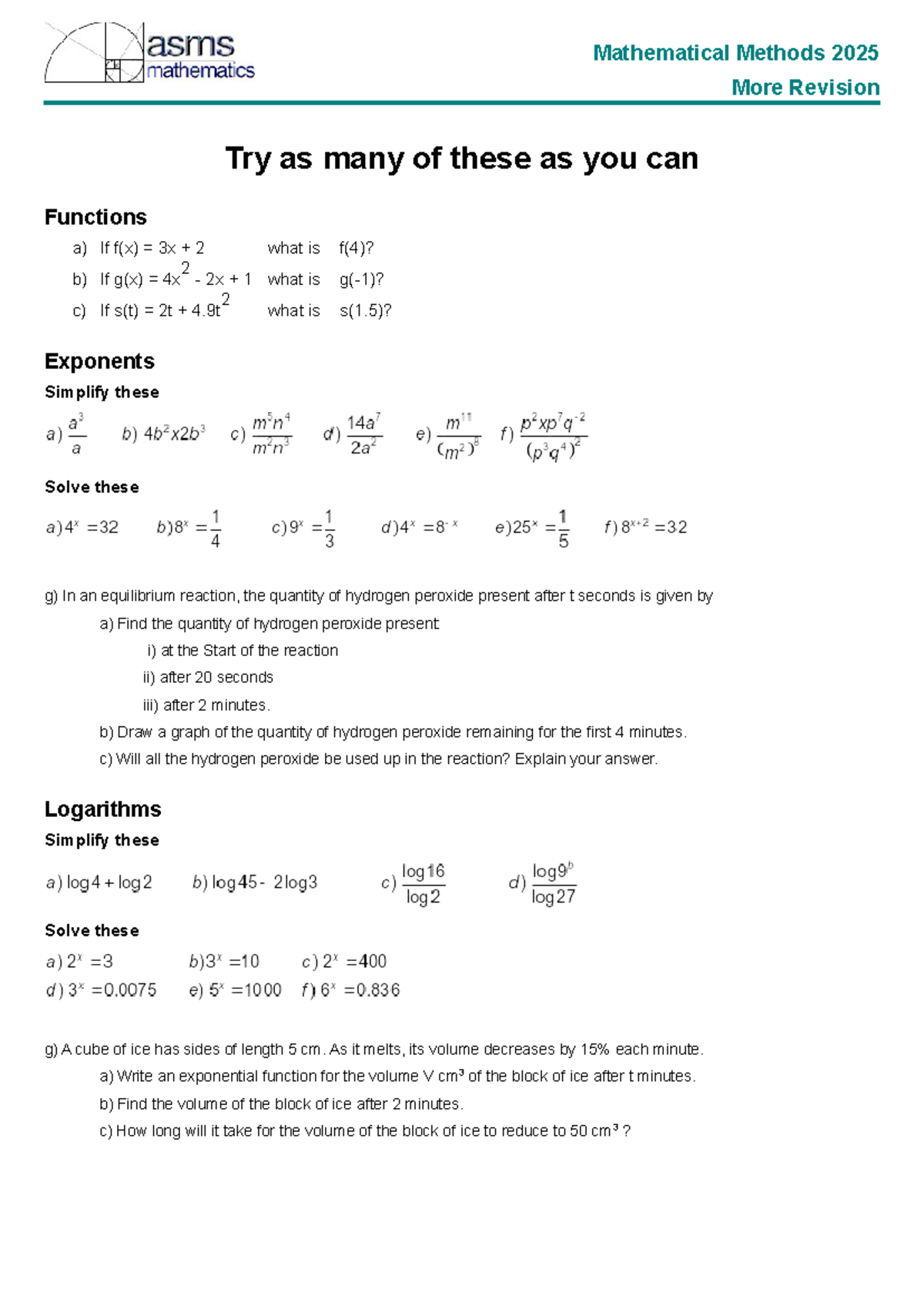 Mathematical Methods 2025: Revision Sheet on Functions & Exponents ...