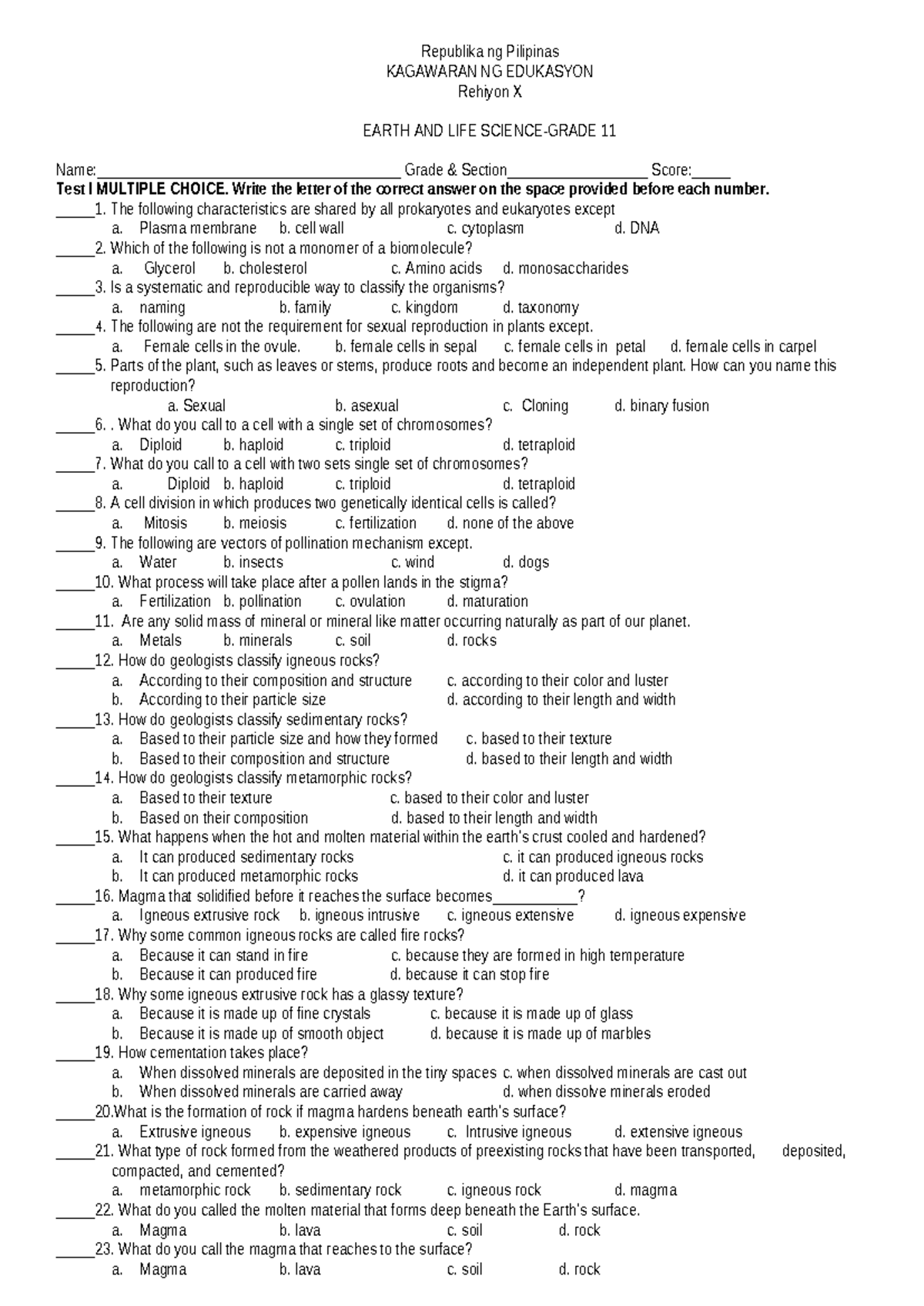 Earth and Life 11 Grade Test I: Multiple Choice Exam - Studocu