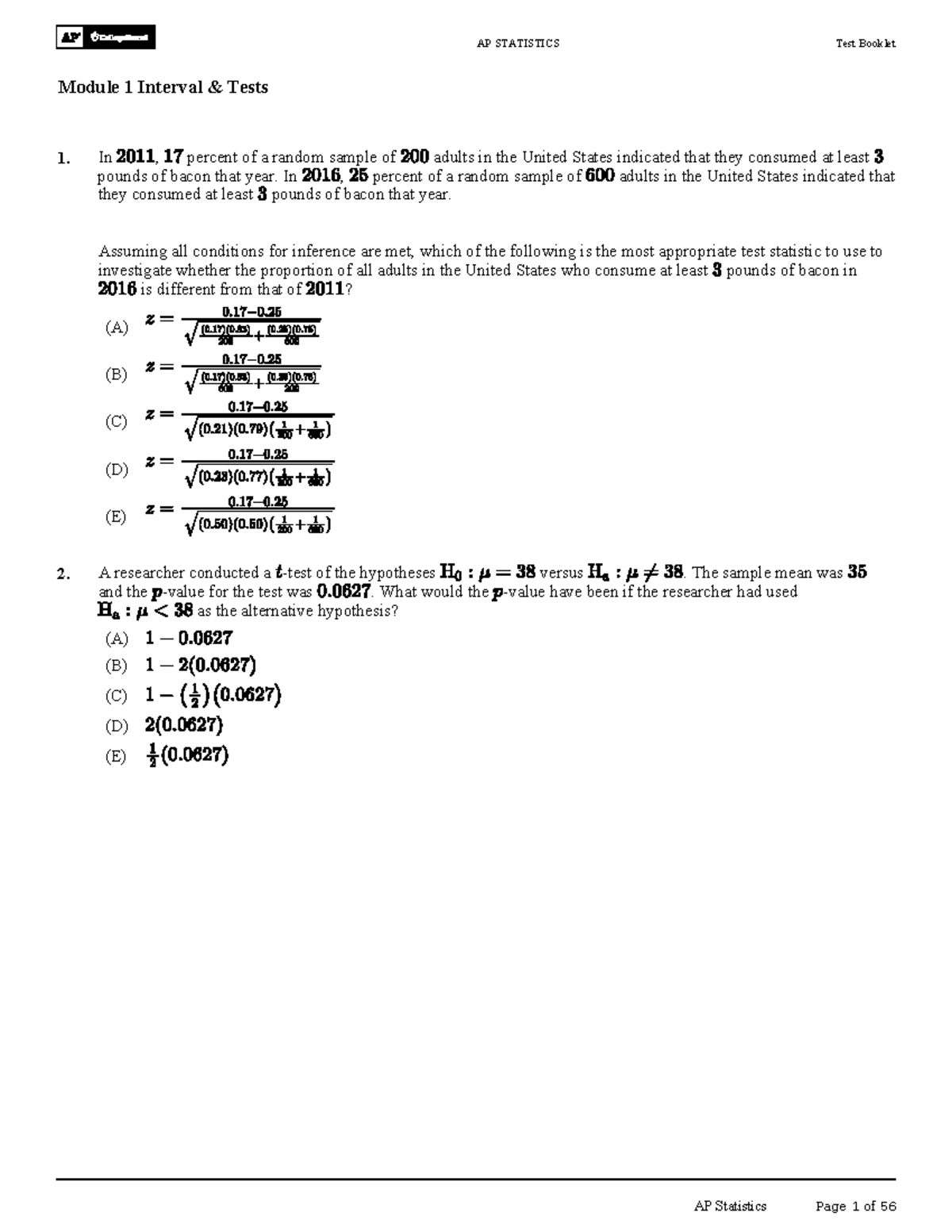 AP STATISTICS Test Booklet Module 1: Interval Tests Overview - Studocu