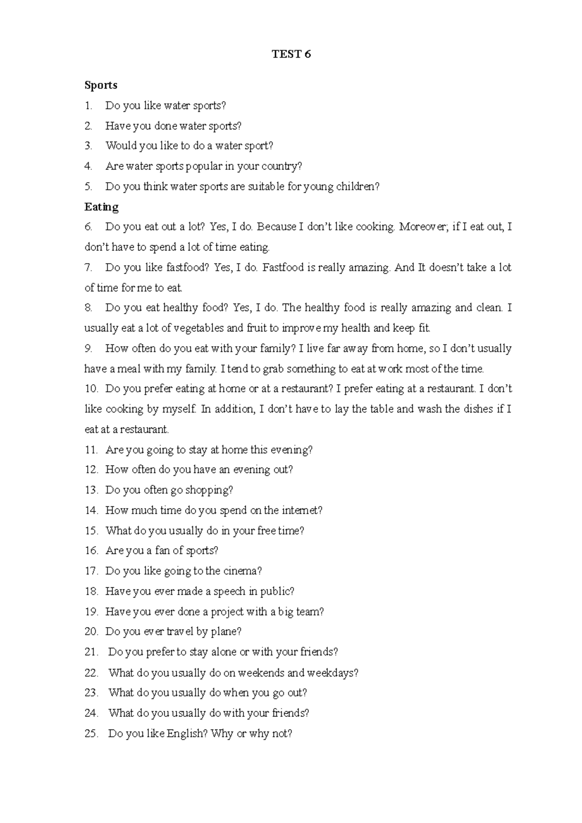 Speak 1 - nothing no nothing - TEST 6 Sports Do you like water sports ...